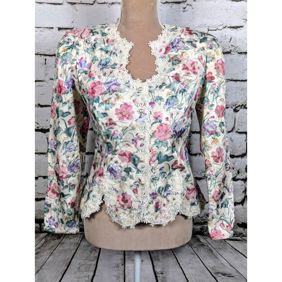 Vintage Floral Brocade Pearl-Button Coastal Grandma English Garden Jacket 4P - Picture 3 of 10